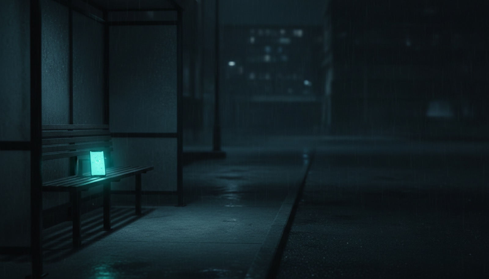 A phone lying on a bus stop bench at night, screen glowing